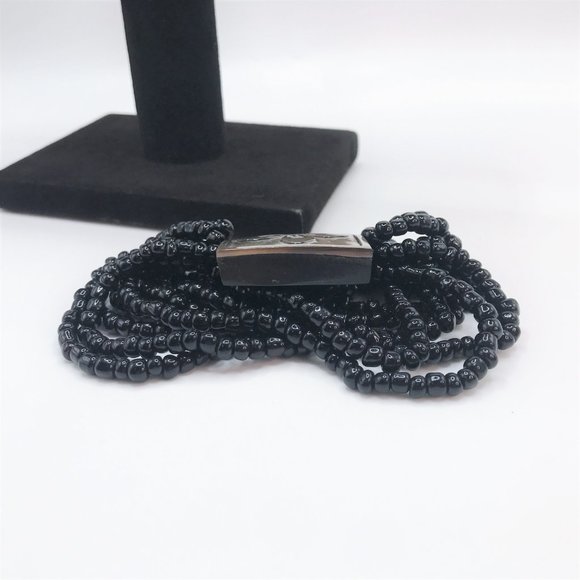 Necklace Bracelet Mother of Pearl Black Set Lot Multistrand Beaded Carved Flower - Picture 4 of 10